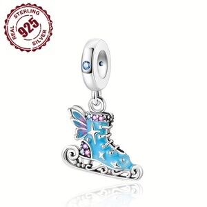 Pandora 925 Sterling Silver Ice Skate Charm Pendant with Blue and Pink Accents